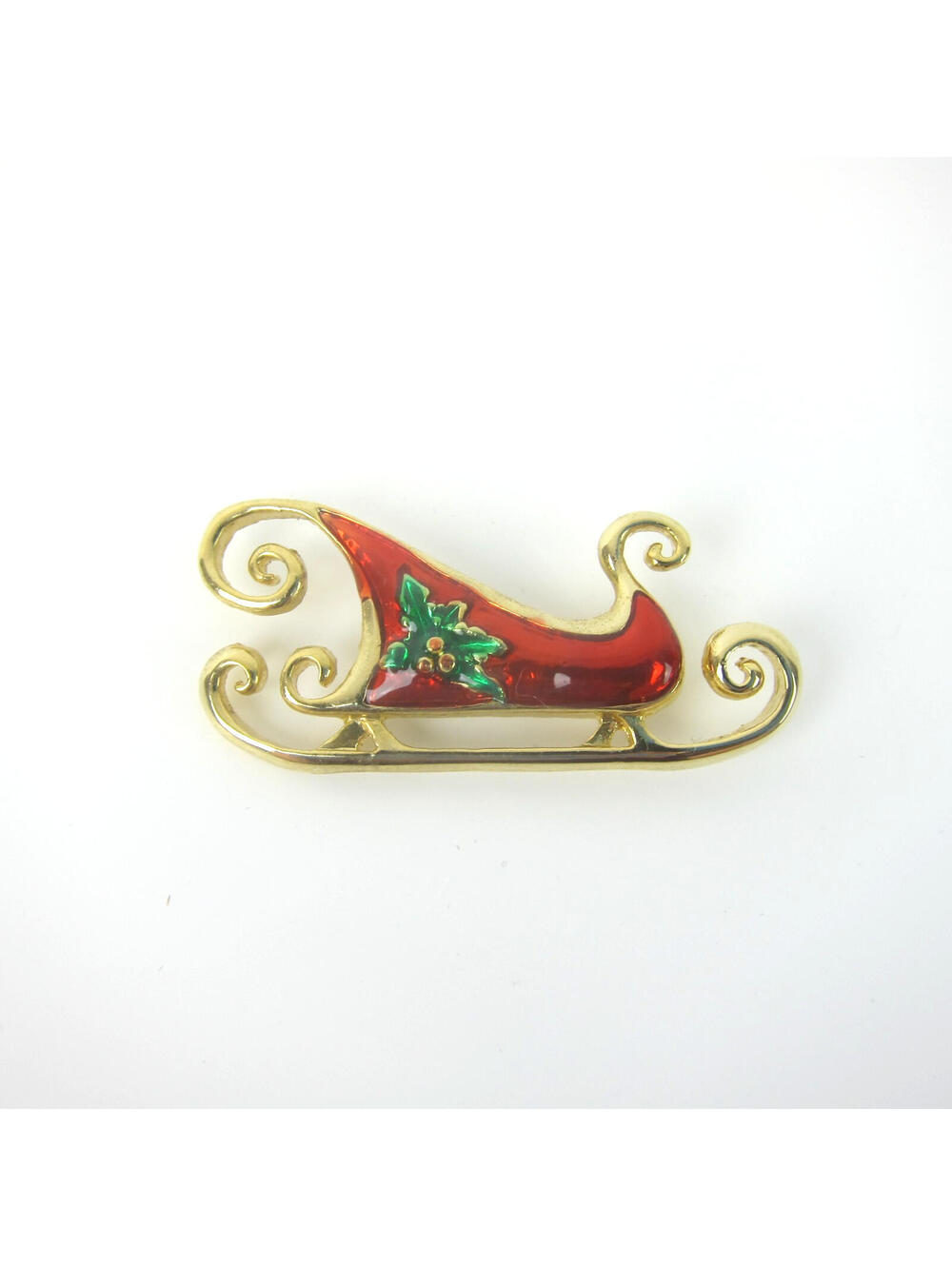 Vintage Christmas Pin Brooch Gold Tone Red Enamel Sleigh Sled Green Holly 2"